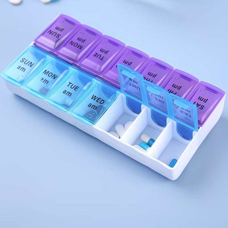 Compact 7-Day Pill Organizer with Double Row Design - Large Capacity, 14 Compartments, Easy Open Lid Medicine Storage Box