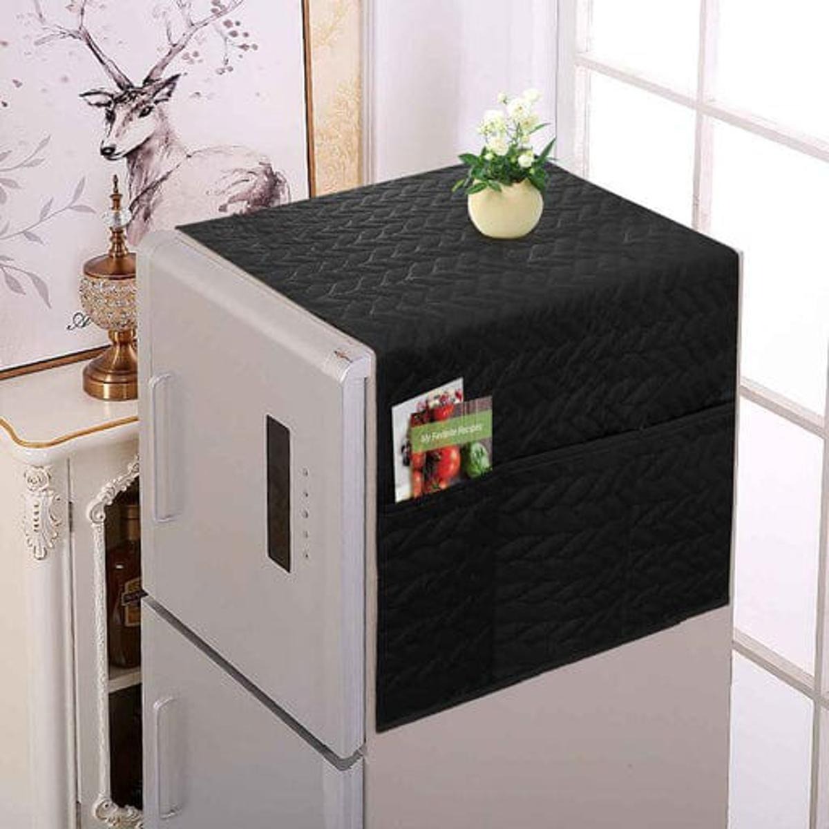 Fridge Dust Cover Waterproof Refrigerator Dustproof Cover with 6 Pocket Household Freezer Top Hanging Bag Fridge Storage Bag Appliance Protector Organizer Washing Machine Top Cover