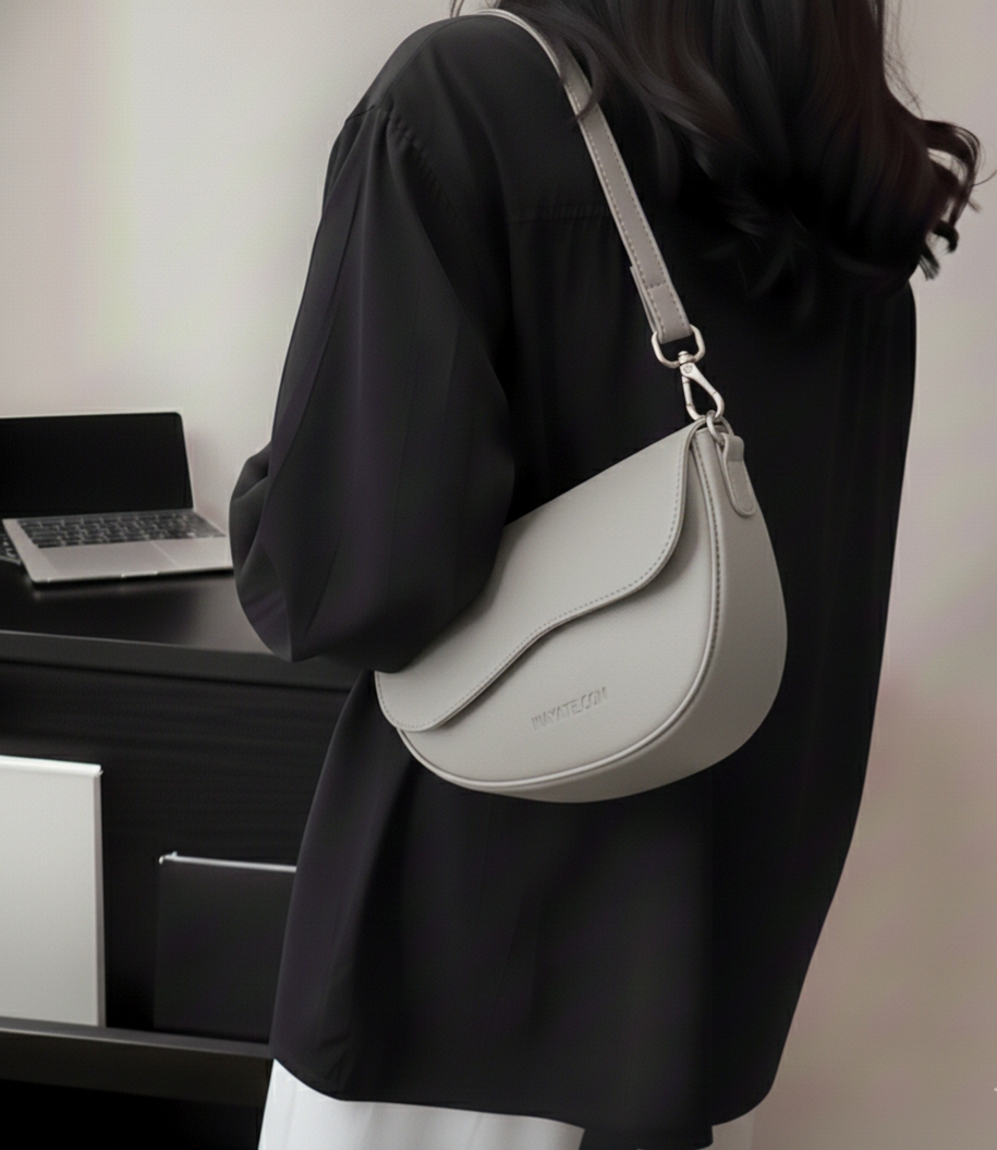 Minimalist Faux Leather Crescent Shoulder Bag - Retro Flap  Handbag with Adjustable Strap