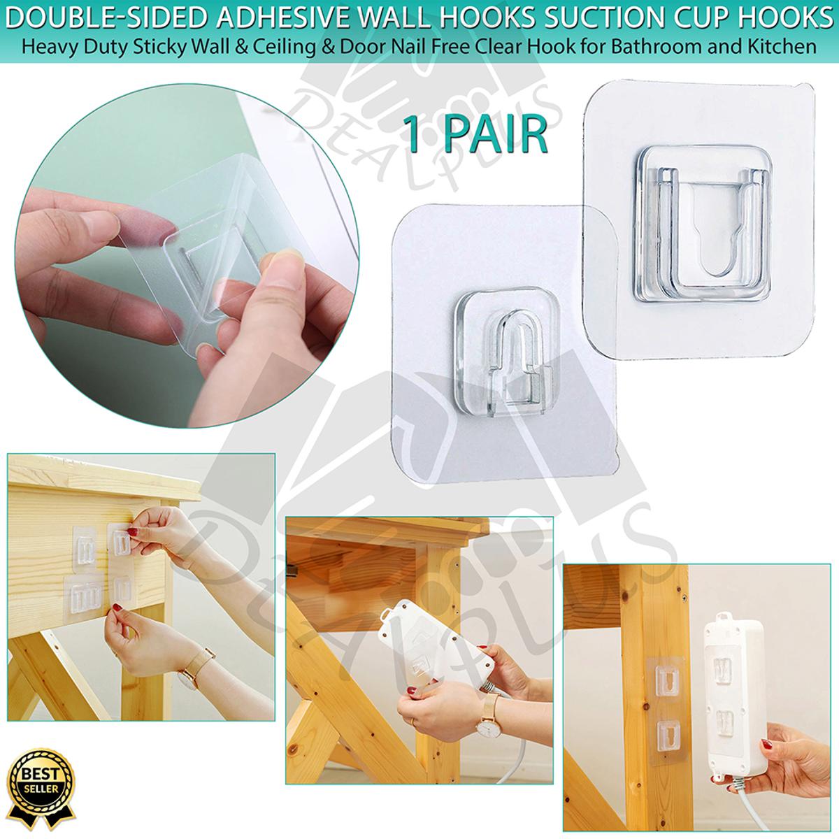 1 Pair Double-sided Adhesive Wall Hooks Suction Cup Hooks stick hook Heavy  Duty Sticky Wall & Ceiling & Door Nail Free Clear Hook for Bathroom and  Kitchen No Scratch Waterproof and Oilproof