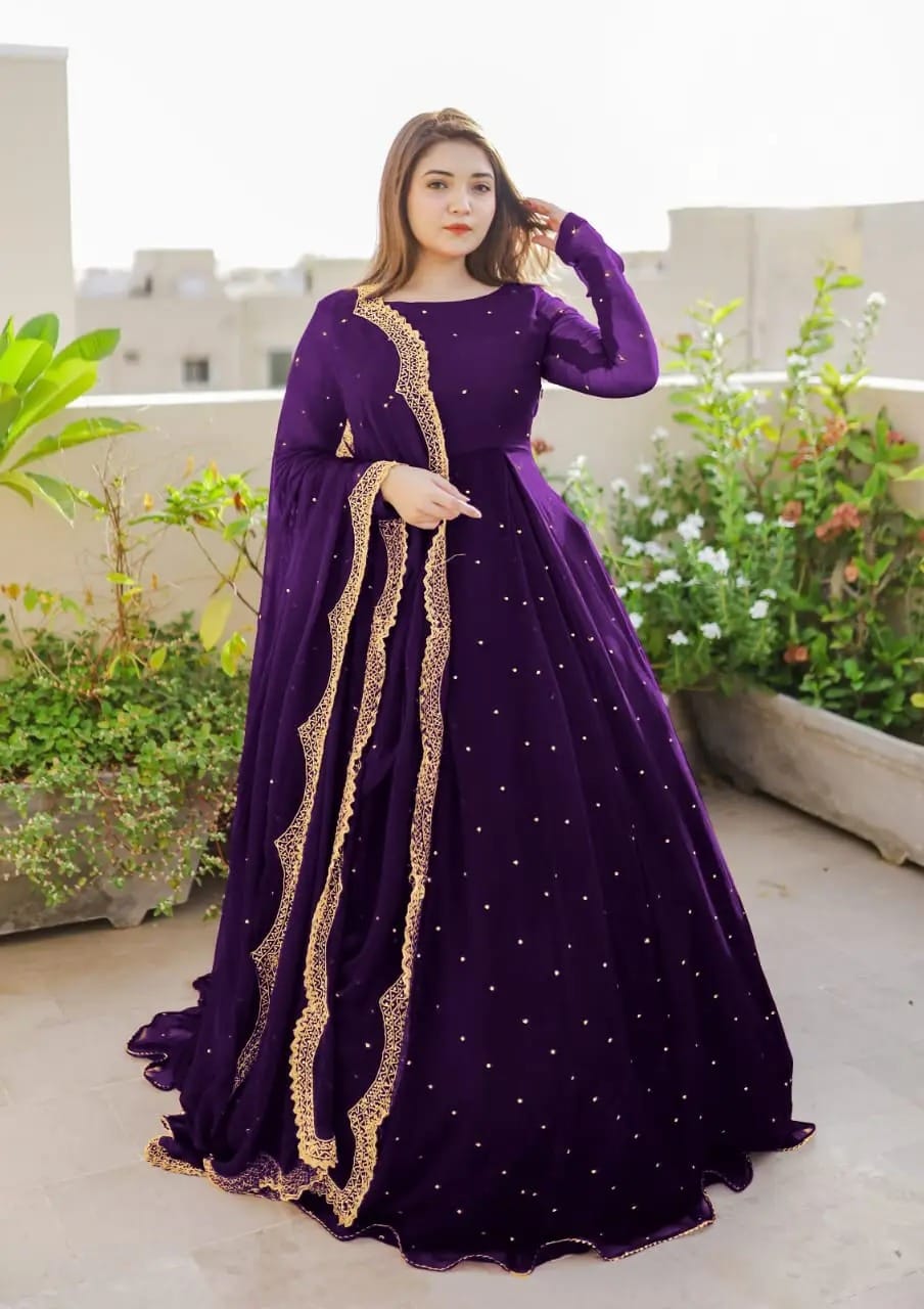 Party Wear Style Dresses Salwar Kameez Angrakha Dress Online Readymade PCs  Purple Chiffon Sequence Embroidered Dress (