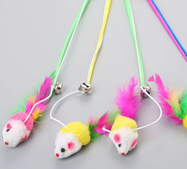 Pet Cat Teaser Cute Mouse Shape Feather Bell Stick Fishing Rod Interactive Toy Stick for Cats