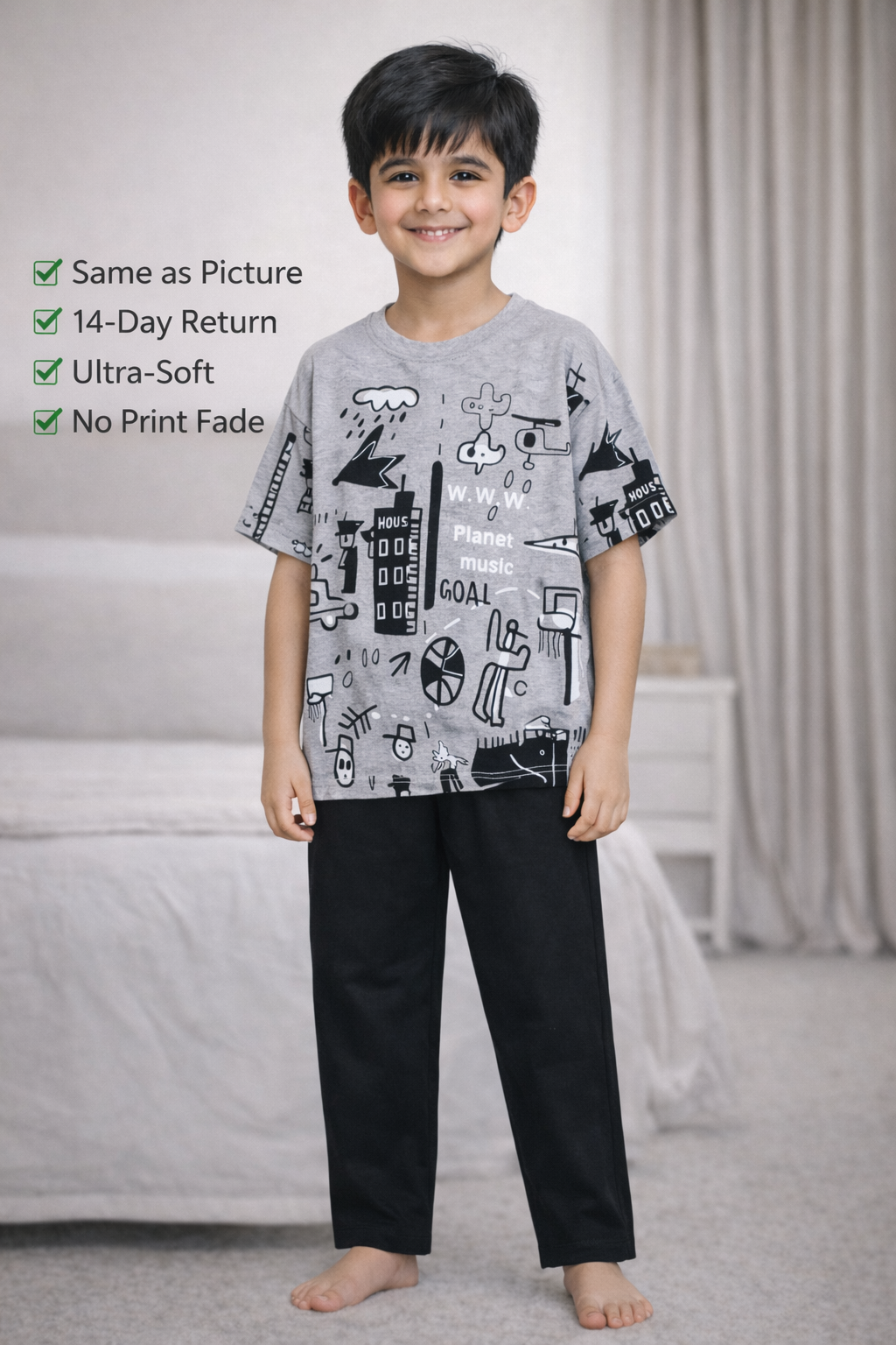 Grey Printed Boys Night Suit (7–14 Years) – Soft Cotton Kids Pajama Set for Summer & Home Wear – Comfortable T-Shirt Trouser Sleepwear price in Pakistan