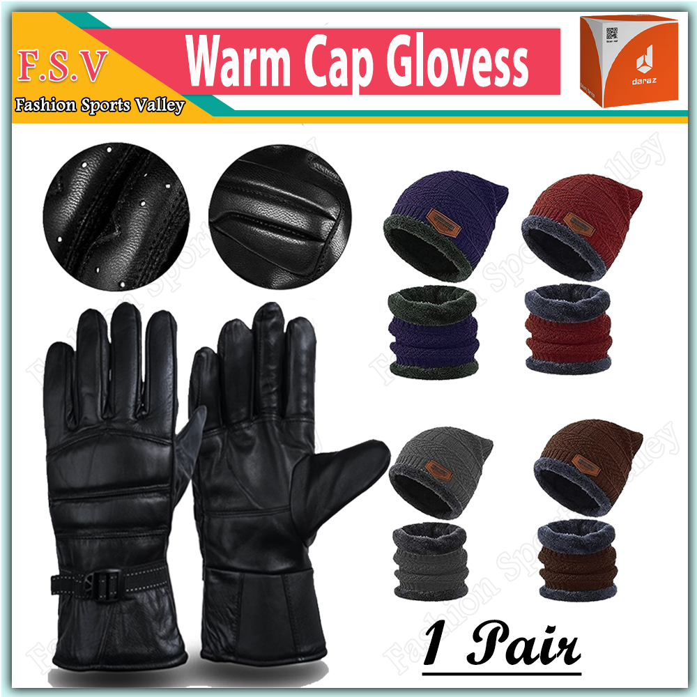 New Winter Hot Woolen Cap Leather Winter Gloves For Bike And Cycle Men And Boys Black Riding Gloves