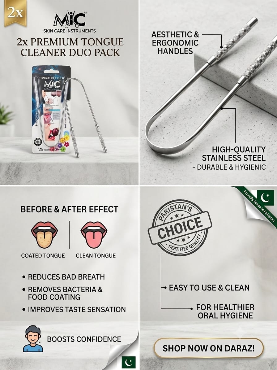 MIC Tongue Scraper Cleaner Metal Tongue Brushes – Medical Grade Stainless Steel Oral Care Kit for Adults & Kids – Bad Breath Cure, Hygienic & Durable Fresh Breath Solution