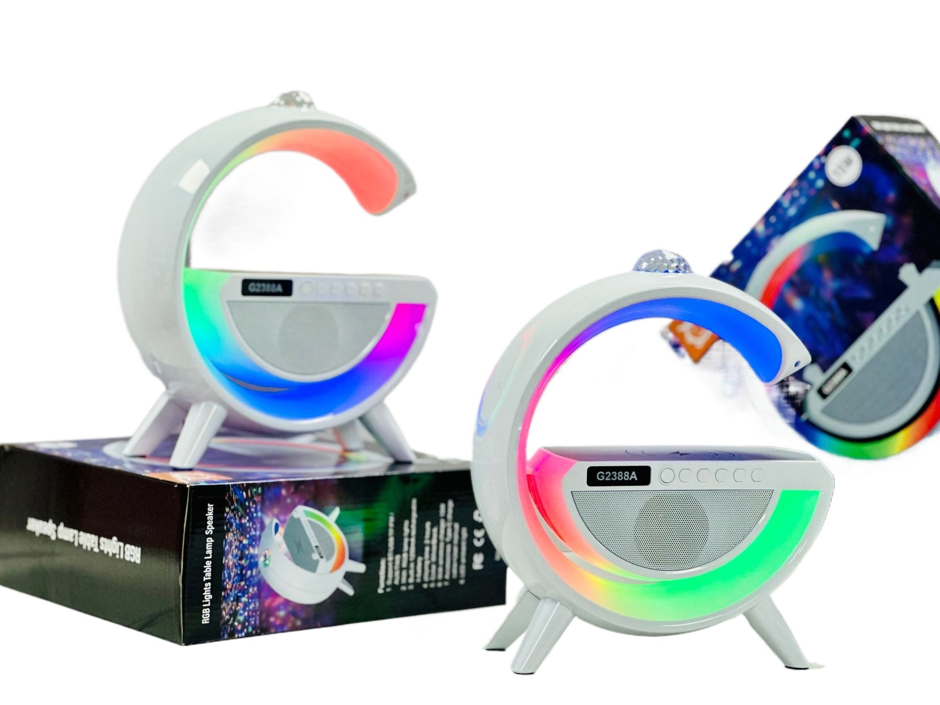 G2388 G Shaped Lamp - Bluetooth Speaker For PC & Mobile - 15W Wireless Charger - Digital Alarm Clock - Mini Portable Speaker - Lamp For Bedroom Side Table & Study Table - Night Light - Show Piece For Room Decoration