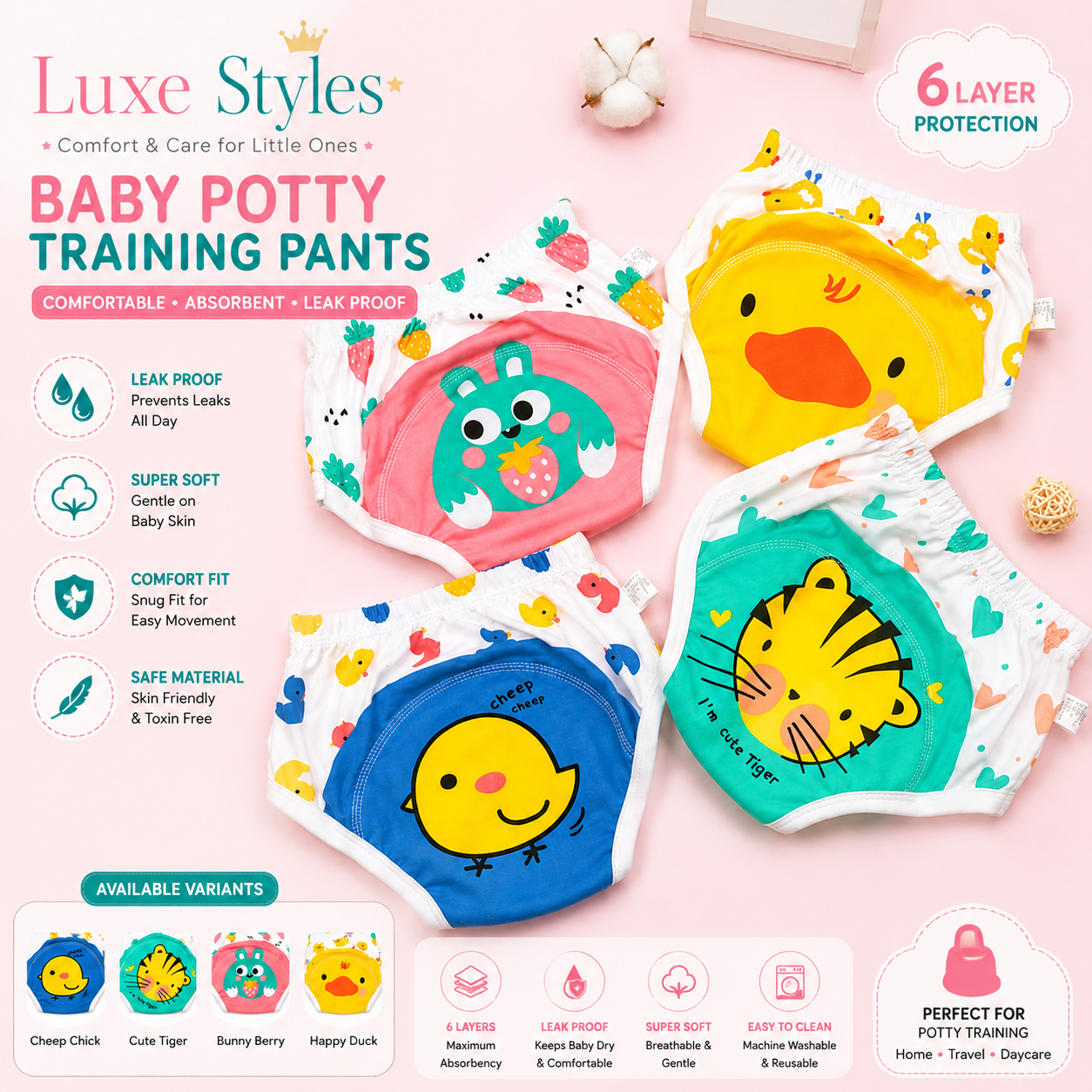 Luxe Styles Kidz 1 Pcs Traning Pants Baby Washable 3 Layers Baby Cloth Reusable Cotton Elastic Waist Cloth 0-15KG