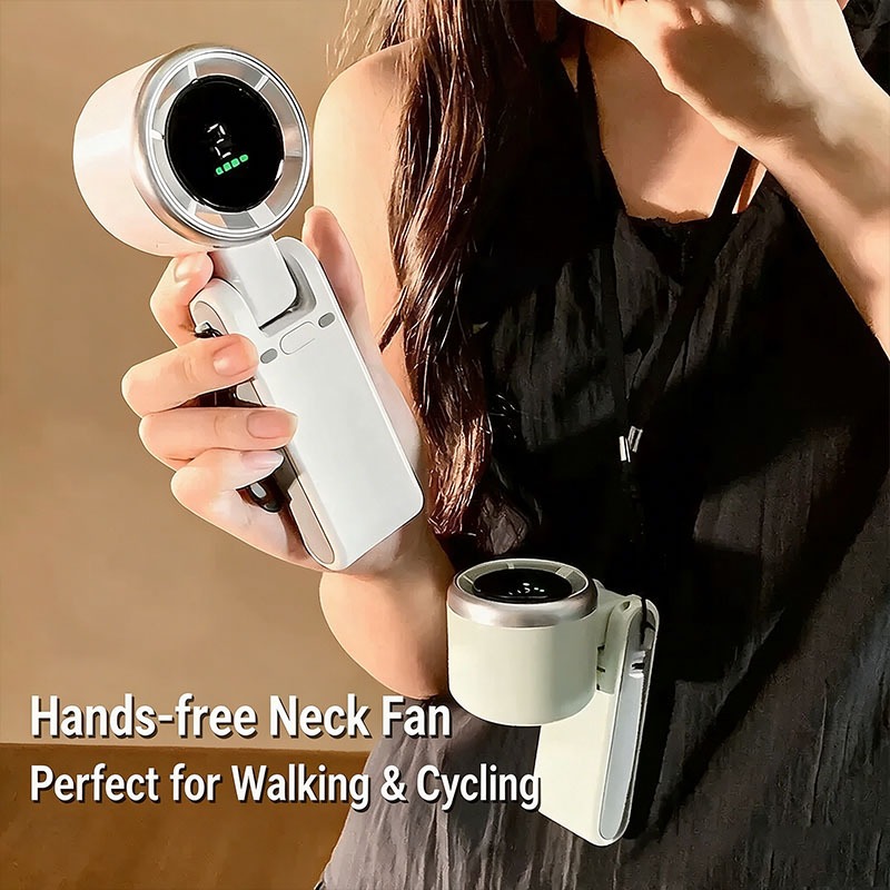 New High Speed Turbo Handheld Fan USB Rechargeable Mini Portable Fan with Digital Display | 5 Speed Foldable Pocket & Neck Hanging Cooling Fan | Ultra Quiet Travel Fan