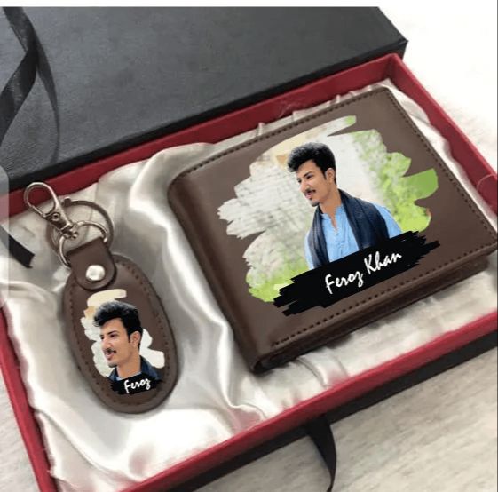 Personalized Picture and Name Print Leather Wallet with Matching Key Ring Combo - Customized Photo Engraved Slim Gift Pack for Men & Boys