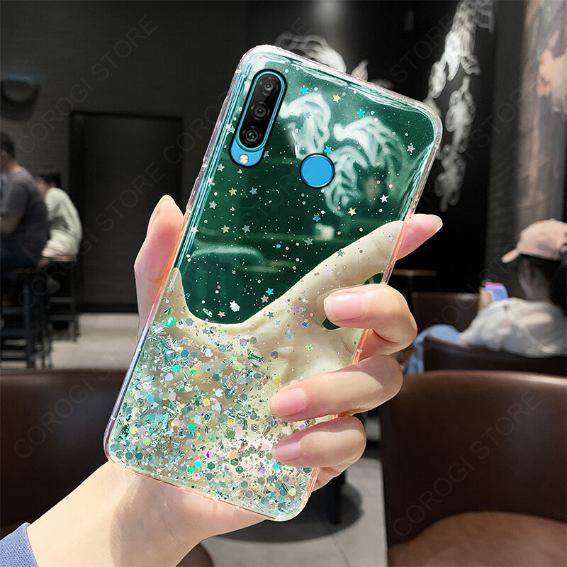 IMEIKONST Cover Glitter Per Huawei P30 Lite – Custodia Morbida Con Specchio E Porta Carta, Nero DJJ - 5