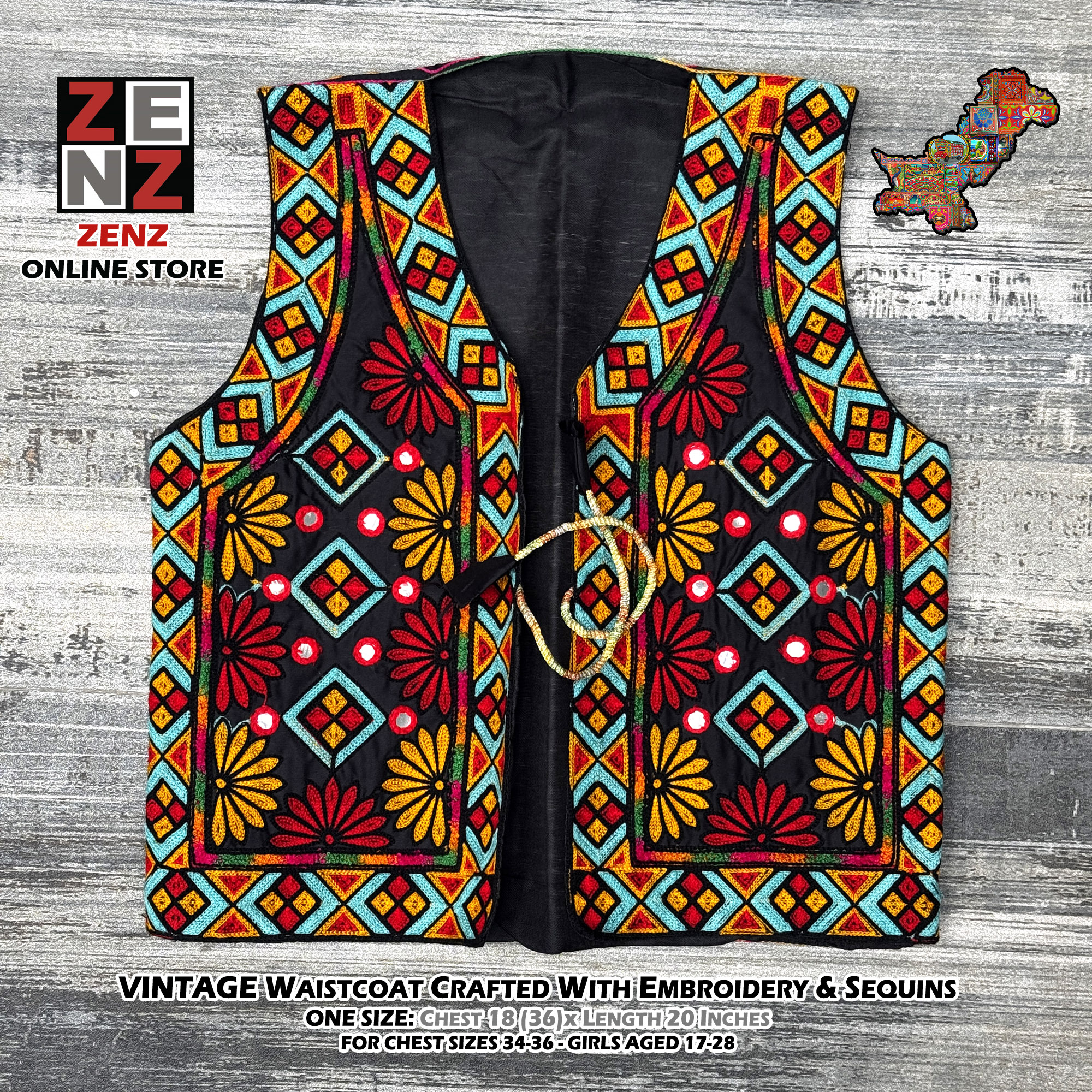 Pakistani Vintage Kashmiri Traditional & Cultural Wear Waistcoat Koti Embroidered with Aari Embroidery & Reflective Sequins for Girls & Women Chest Size 34-36 Inches