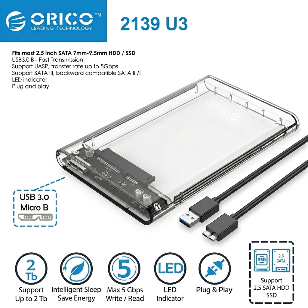 ORICO 2139U3-CR 2.5 Inch HDD Case USB 3.0 External Hard Drive Enclosure SATA SSD Crystal Transparent Case
