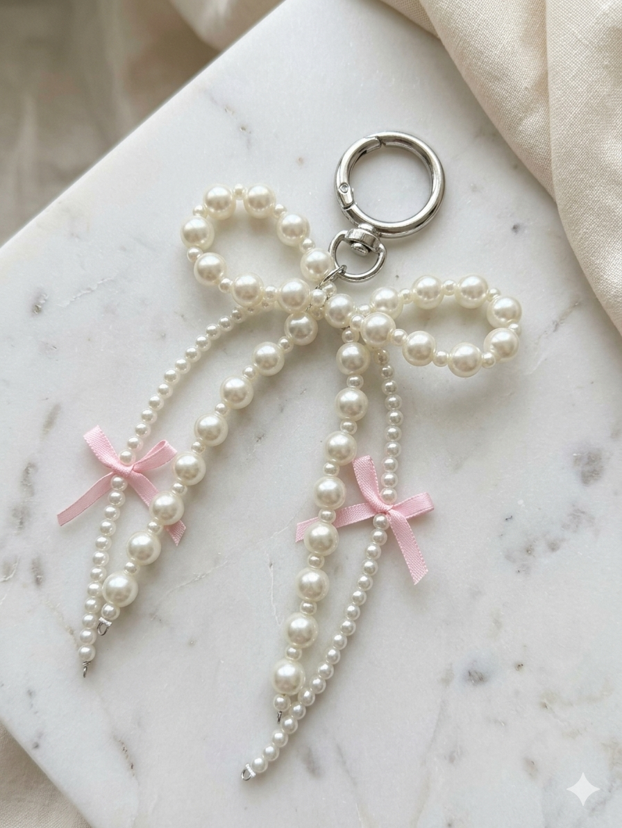 Aesthetic Pearl Ribbon Bow Keychain - Trendy Coquette Bag Charm - Stylish White Pearl Accessory - Perfect Gift for Her