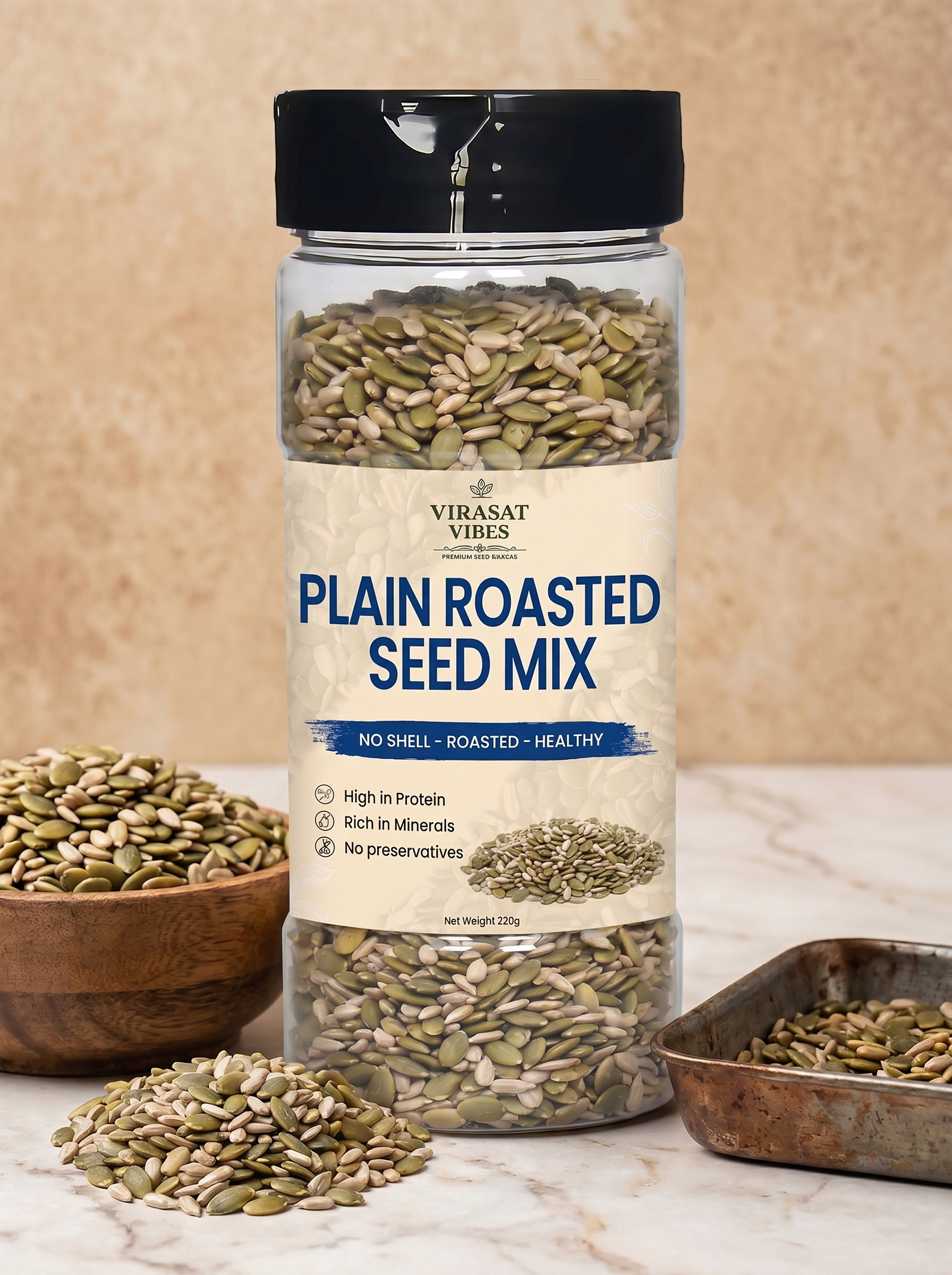 Plain Roasted Seeds Mix 220g by Virasat Vibes – Natural Pumpkin & Sunflower Pepitas, High Protein, Dietary Fiber, Keto & Vegan Healthy Snack