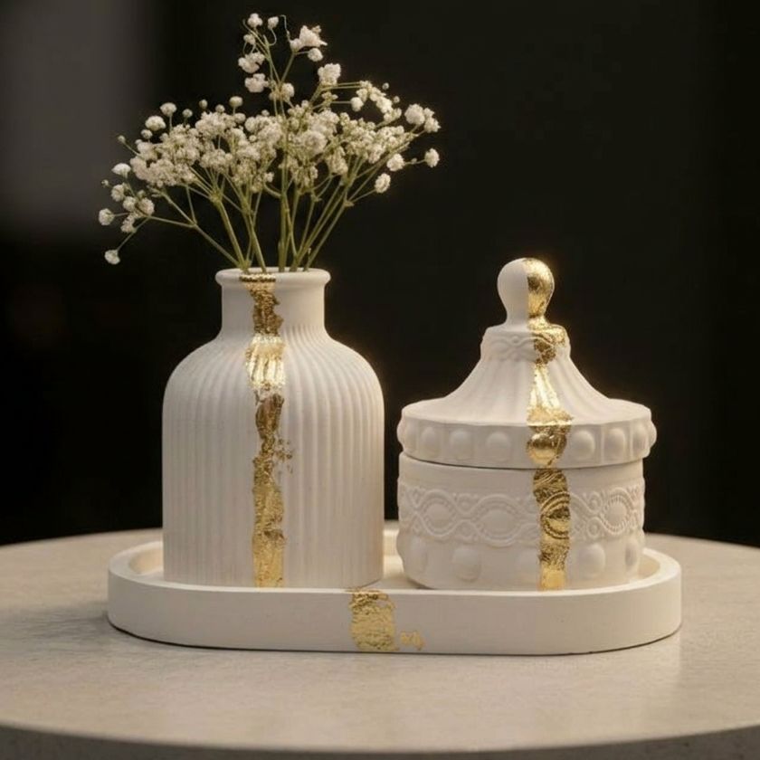 White Set of 3 Pieces  - Vases for Home Decoration - Premium Aesthetic Decorating Items for Home Living Room & TV Lounge