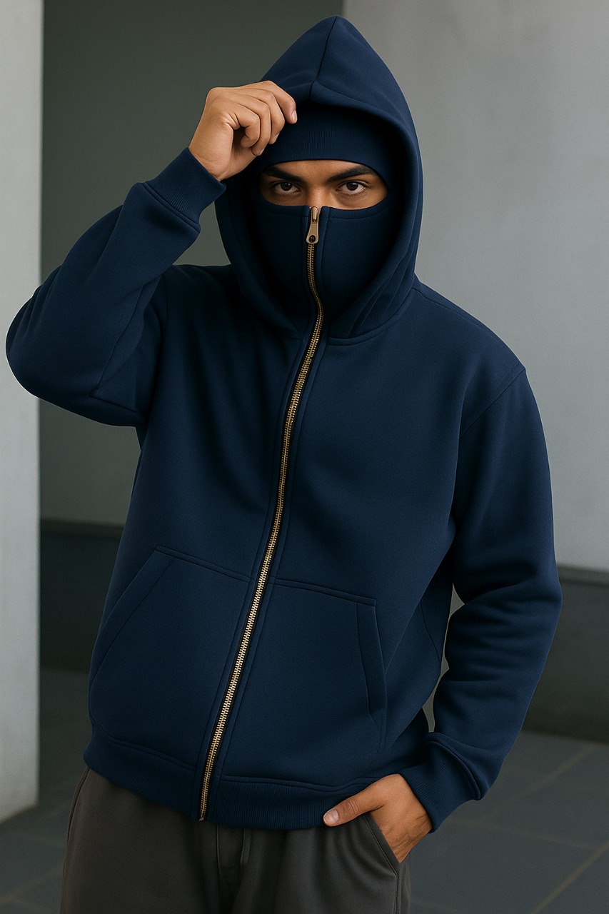 Winter Fleece Balaclava Hoodie with Face Cover – Full Zip Black Hoodie for Men & Boys | Warm Zipper Sweatshirt S–XL