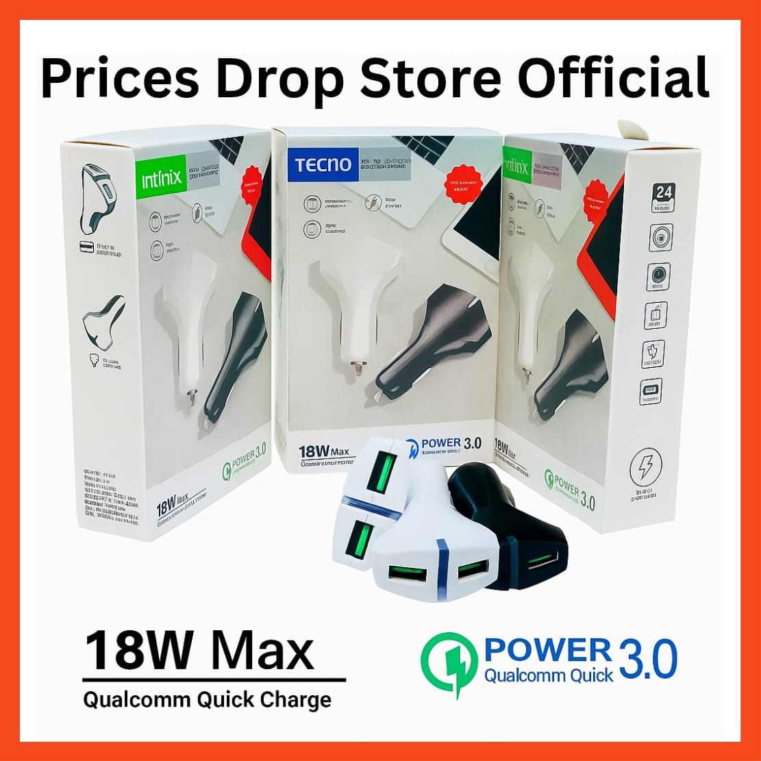 1.7🚗 Fast Car Charger QC 3.0 – Dual USB Ports + 1 Port with 2 Cables (Nokia Break Pin & Micro USB 3600) | Quick Charging Adapter | Black & White Colors | Prices Drop Store price in Pakistan