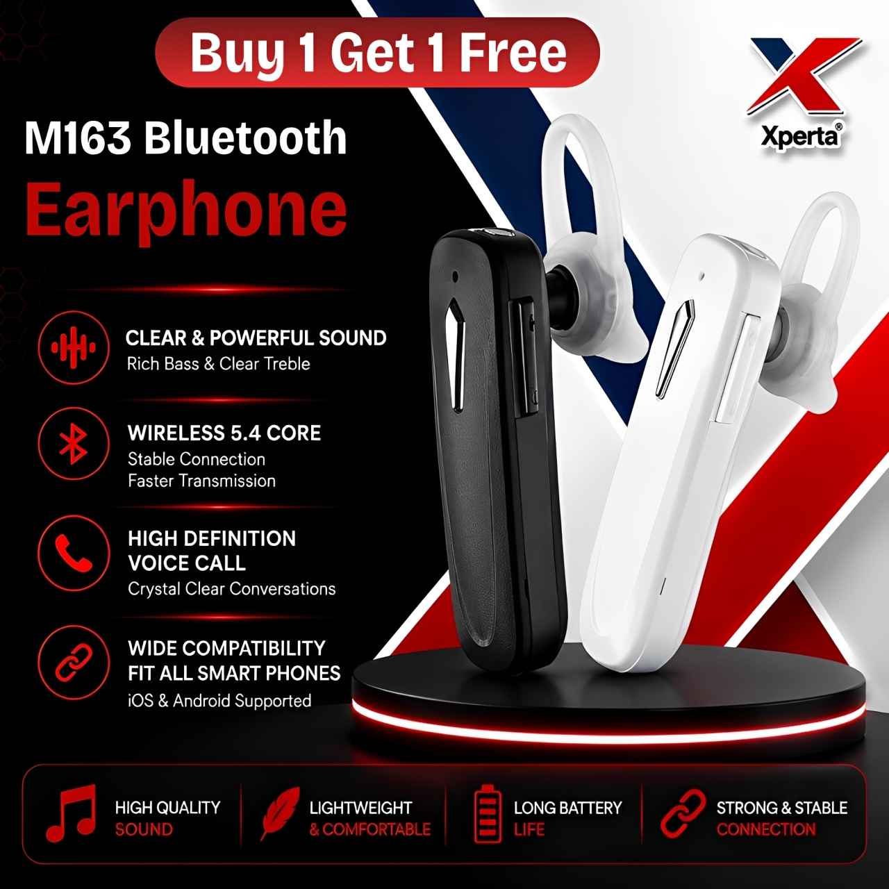 (Buy 1 Get 1 Free) M163 FBT Business Design Wireless Single Bluetooth Earphone Headset (Compatible With All Bluetooth Devices).