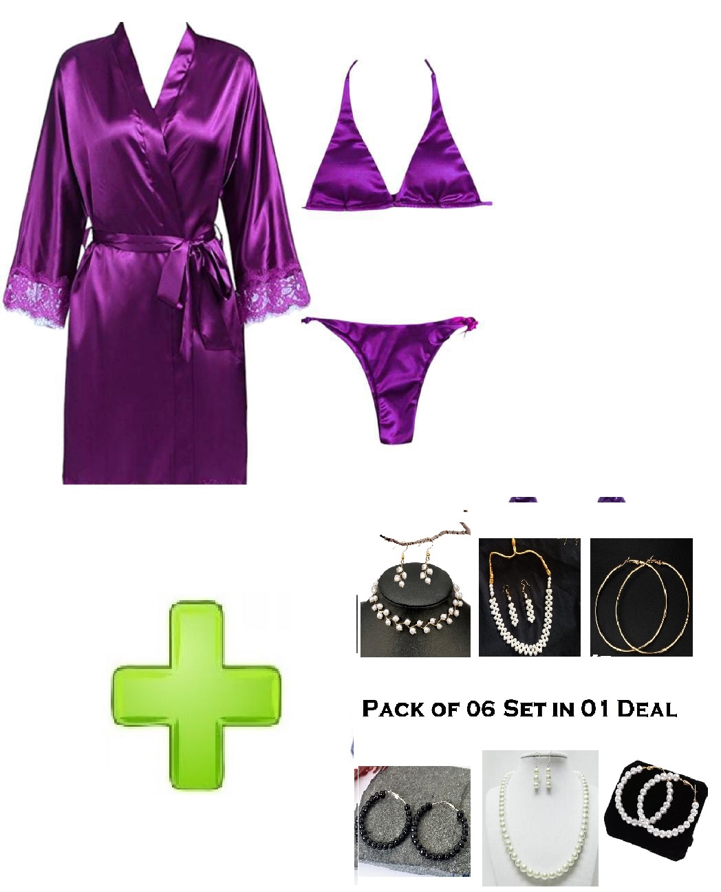 Women 3 Piece Saxy Nighty Sleepwear Silk Satin night dress Lingerie Set With Robe and Short Gown Bridal for Ladies and Girls for Night Wear Bra-Purple with 06 Jewelry set