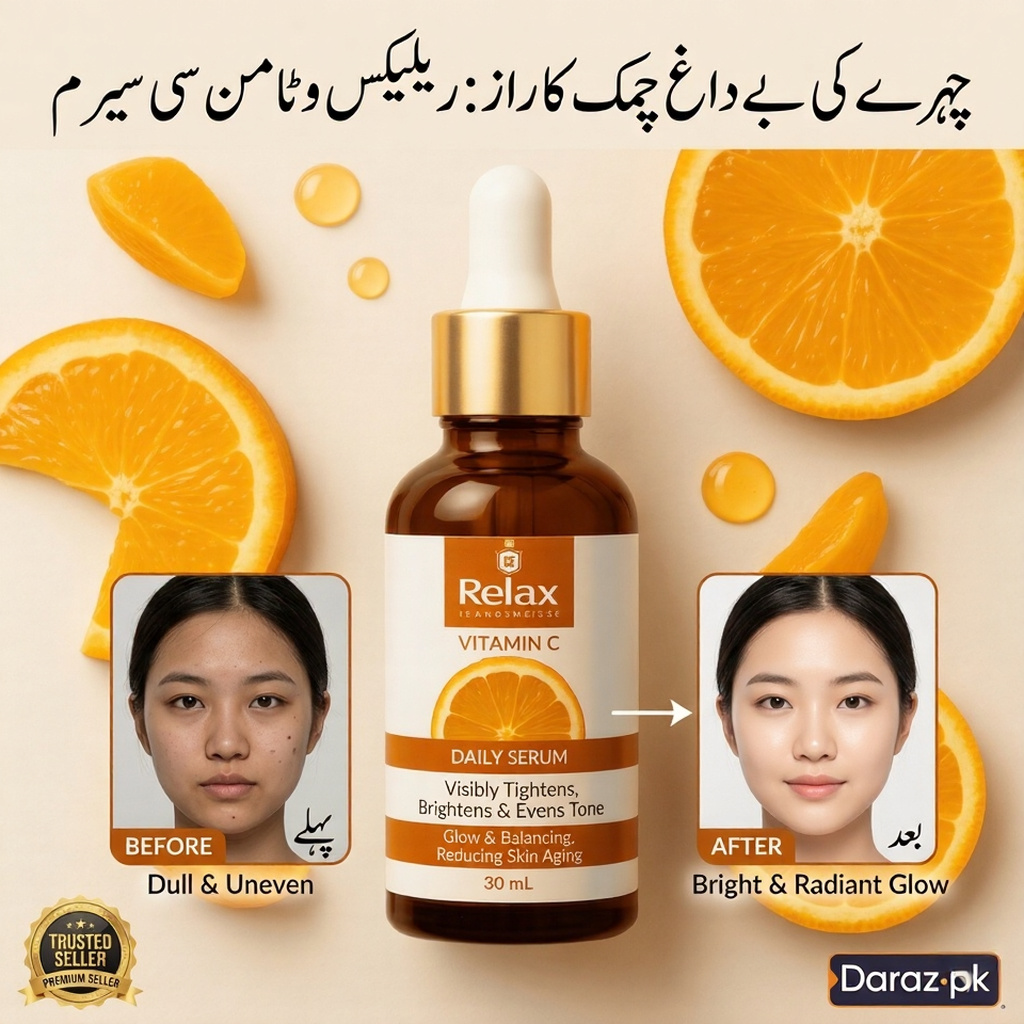 Premium Quality Relax Vitamin C Face Serum 30ml | Brightening & Dark Spot Care Serum | Even Tone & Glow Support | Lightweight Hydrating Serum for All Skin Types | Pack of 1 / 2 / 3