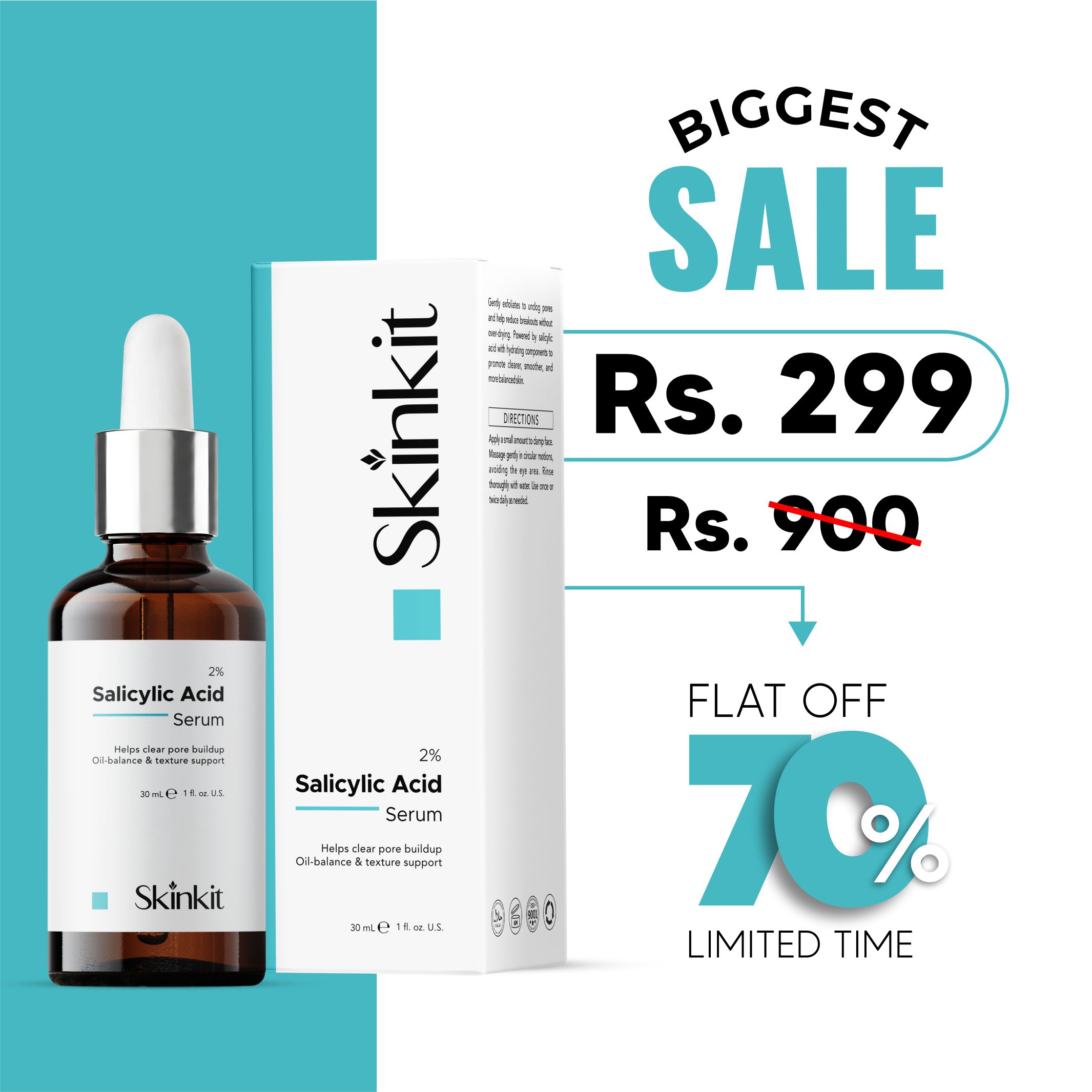 Skinkit Salicylic Acid 2% Serum with Niacinamide & Hyaluronic Acid | Acne & Breakout Control Serum | Pore Refining, Oil Control & Brightening Face Serum for Men & Women | Anti-Acne Skincare Pakistan