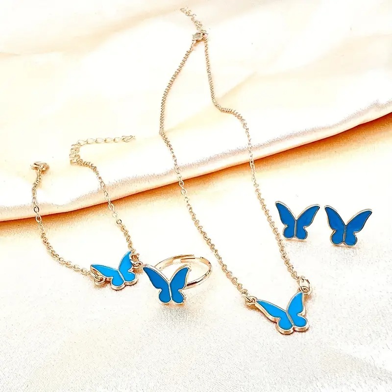 1Set Fashion Exquisite Simple Versatile Butterfly Necklace Bracelet Earrings Ring For Women Girls Wedding Party Jewelry Set