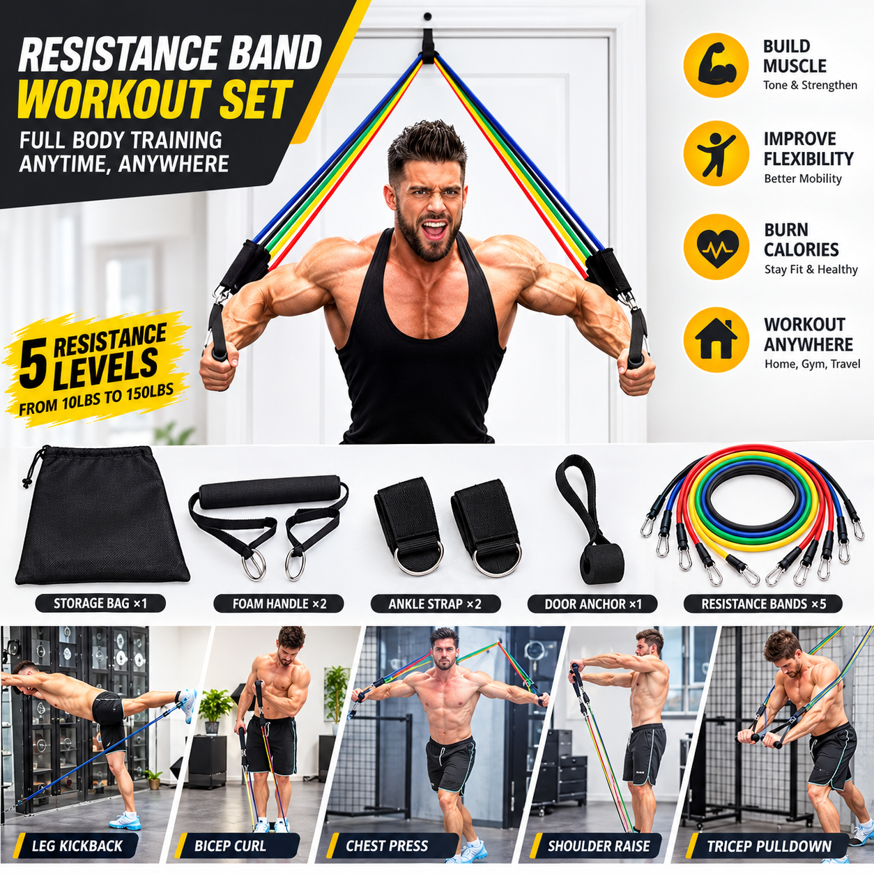 Power Resistance Band Set of 11 Pieces with 5 Tubes & Door Hanger – Heavy Duty Exercise Resistance Bands for Strength Training, Home Workout, Muscle Building & Full Body Fitness (Random Color)