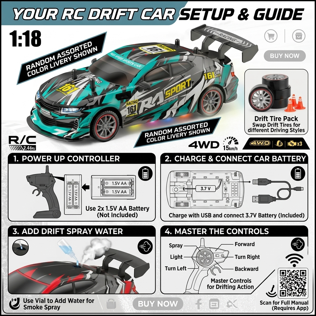 KIDDO KASTLE -  Remote Control Speed Racing 1:18 RC Chevrolet Drift Car With Spray Smoke | RC Chevrolet 4x4 Drifting Car 2.4G RC Drift Car with LED Light Rechargeable Remote Control Racing Car Vehicle Replaceable Tire Competition Race Car Toy For Kids Boy