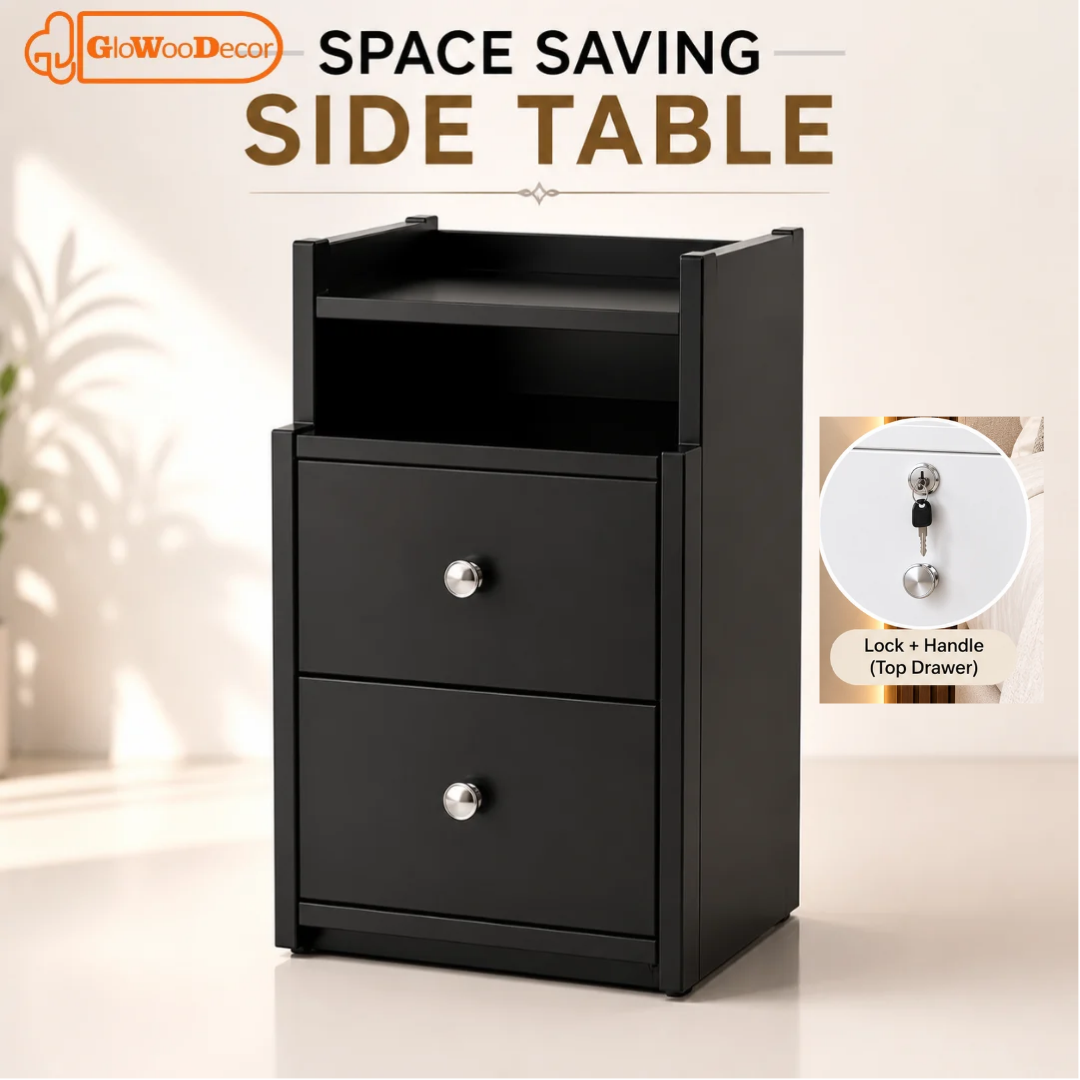 GloWooDecor Space Saving Side Table | Modern Bedside Table with 2 Drawers & Open Shelf | Compact Bedroom Organizer |space saving side table , glowoodecor side table ,small bedside organizer,Stylish Bedroom Side Table,glowoodecor,