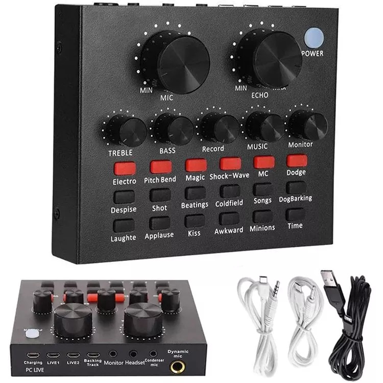 V8 Sound Card & V10 Sound Card Bluetooth Audio Mixer & Voice Changer - 12 Sound Effects Lithium Rechargeable Battery - For Live Streaming & Broadcasting & Podcast - Compatible With PC Computer - Black