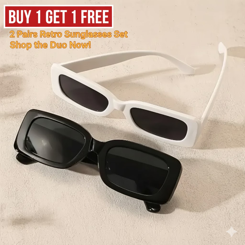 Top Notch 2 Pairs Unisex Rectangular Retro Sunglasses - Black & White Vintage Fashion Set for Men & Women - TikTok Trending Square Sun Glasses - Lightweight Decorative PC Lens Eyewear for Boys & Girls