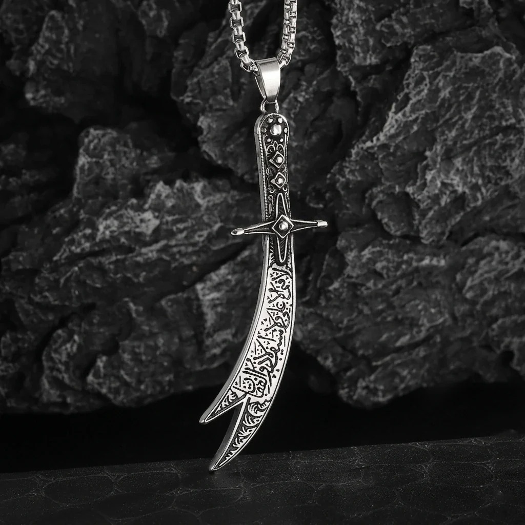 Zulfiqar Sword Pendant Necklace for Men – Silver, Islamic Calligraphy Stainless Steel, Hazrat Ali Sword Locket, Adjustable Chain, Eid Gift, Protective Amulet