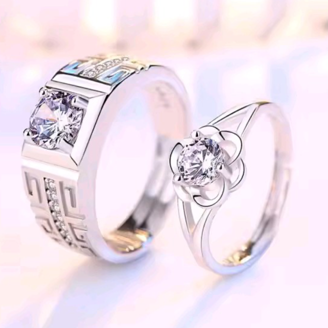 Luxury Couple Rings Women's Heart White Crystal Rhinestones Rings Set Men's CZ Stainless Steel Ring Wedding Engagement Jewelry