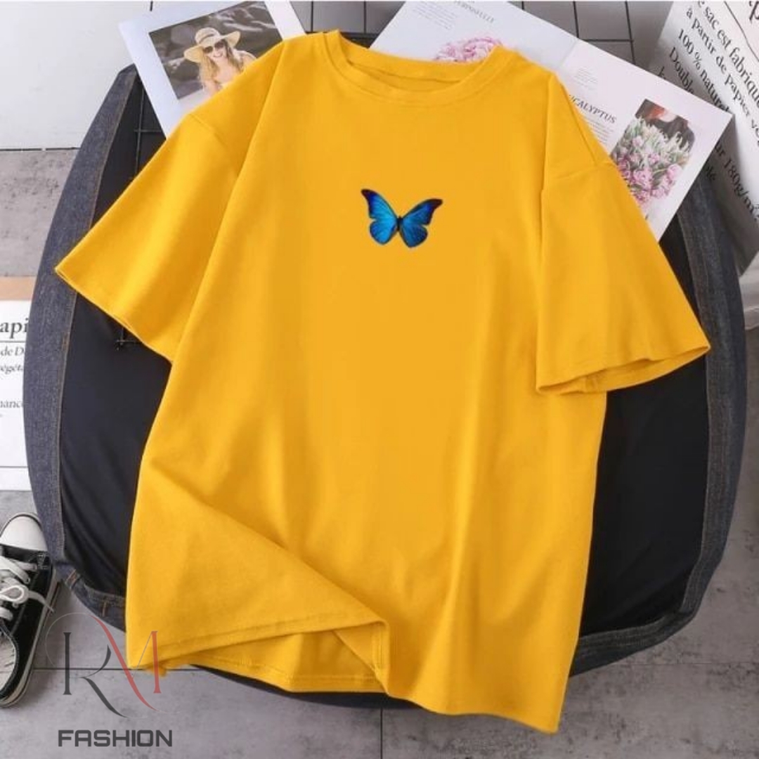 New Amazing Trend Tshirt Butterfly Printed Top Half Sleeve Round Neck T Shirt For Girls And Women