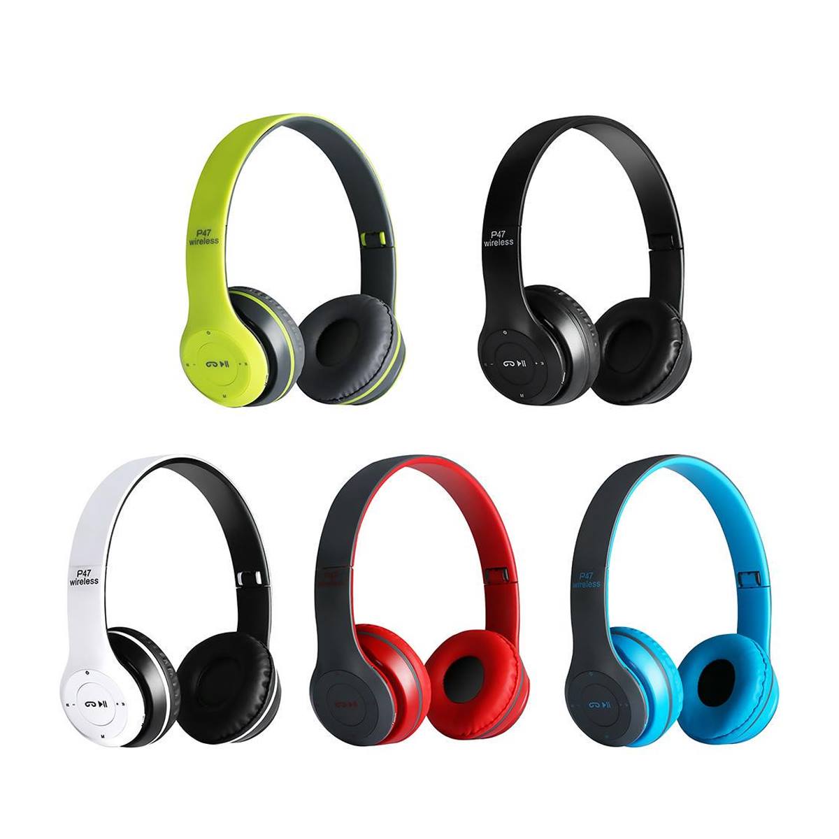 P47 Wireless Bluetooth Headphones, Foldable with Microphone, SD Card Support, Adjustable Headband, FM Radio, and Wired Option