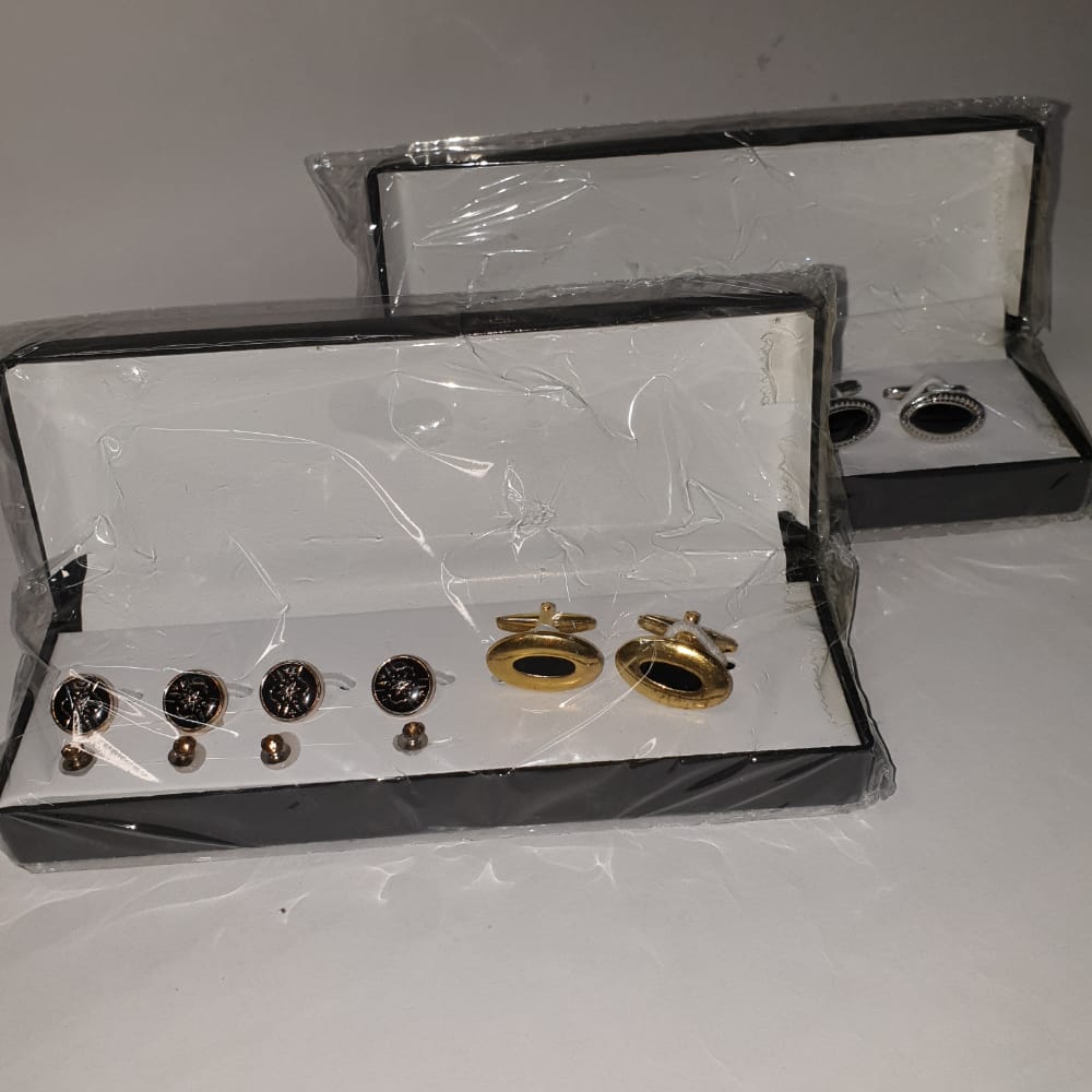 Complete Set Metal Cuff links and Plastic Buttons for Men |  Men’s Cuff-link & Buttons With Box Silver and Gold