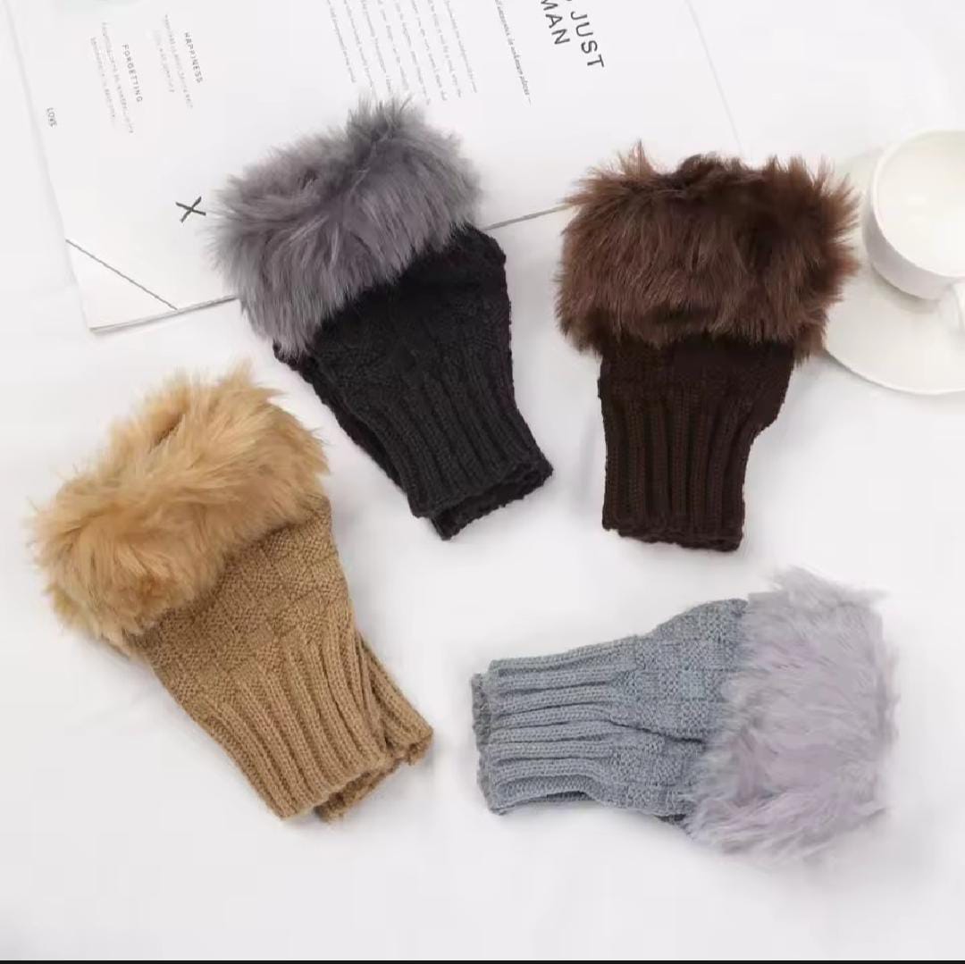 Fashion Women Faux Rabbit Fur Knitted Fingerless Gloves | Hand Wrist Warmer Half Finger Mittens for Winter"