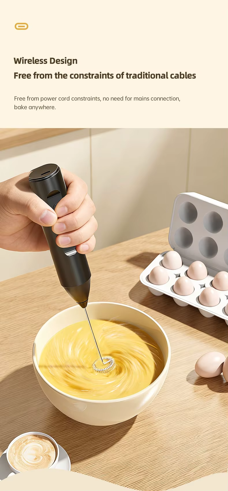 Rechargeable Electric Beater and Mixer, Cordless Handheld Egg Beater with Multiple Speed Settings, Portable Kitchen Mixer for Eggs, Cream, Cake Batter, Dough, Coffee, Sauces and Desserts, USB Recharge