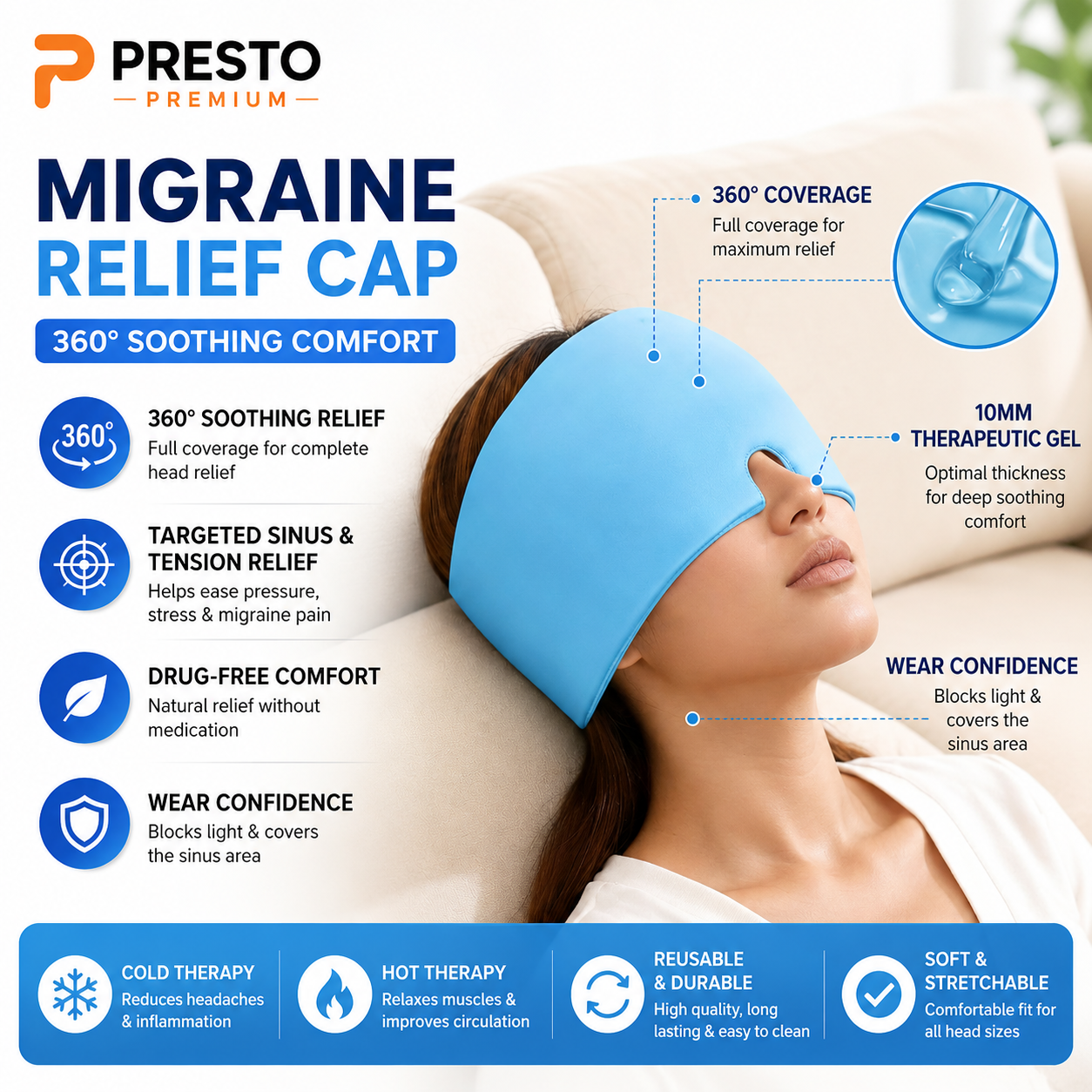 PRESTO Premium Migraine Relief Ice Cap – Reusable Hot & Cold Therapy Headache Relief Hat for Men & Women | Cooling Gel Head Wrap for Migraine, Stress, Sinus Pain & Relaxation