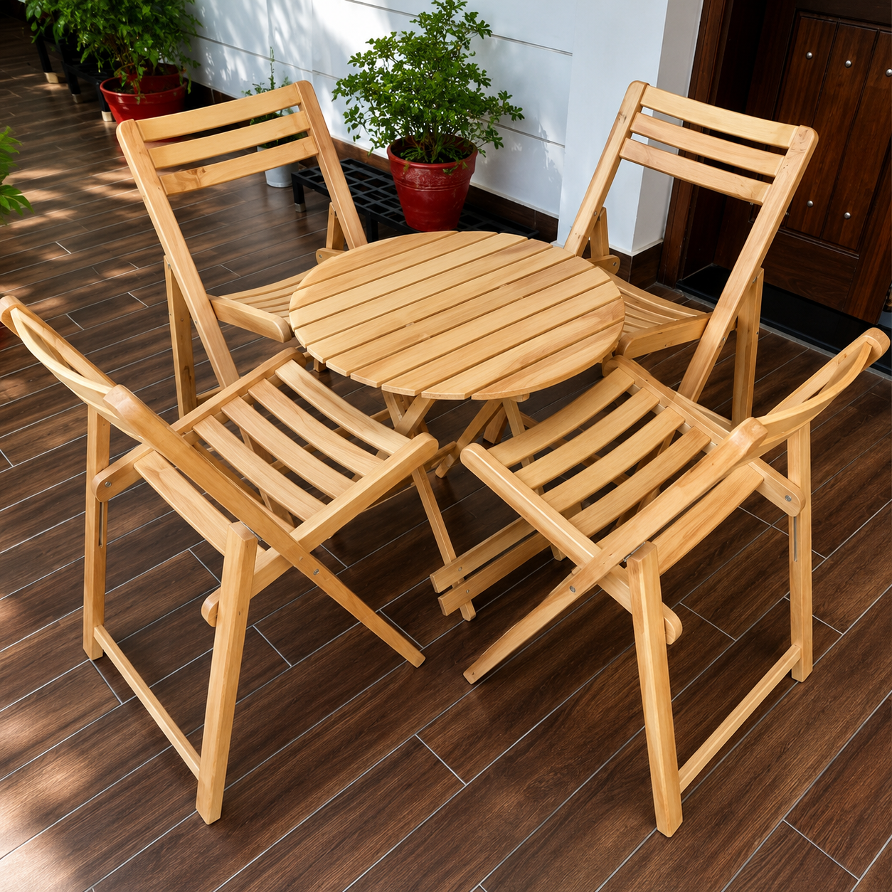 Solid Wood Folding Bistro Set, Patio Table and 4 Chairs, Space Saving Garden Furniture