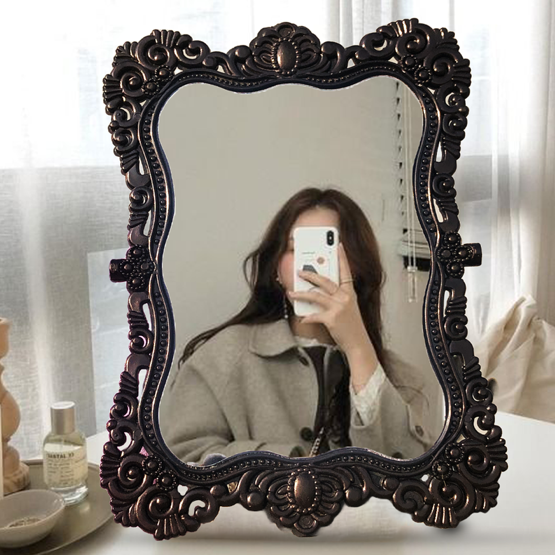 Retro beauty mirror in the European style Beautiful princess mirror with a boxlike shape Black dressing mirror in the dorm bedroom makeup mirror 22cm Hight and 15cm Width