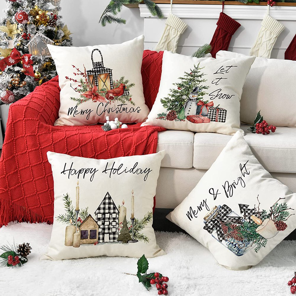 Red Christmas Pillow Covers 18x18 Set Of 4 Holiday Throw 【信頼】