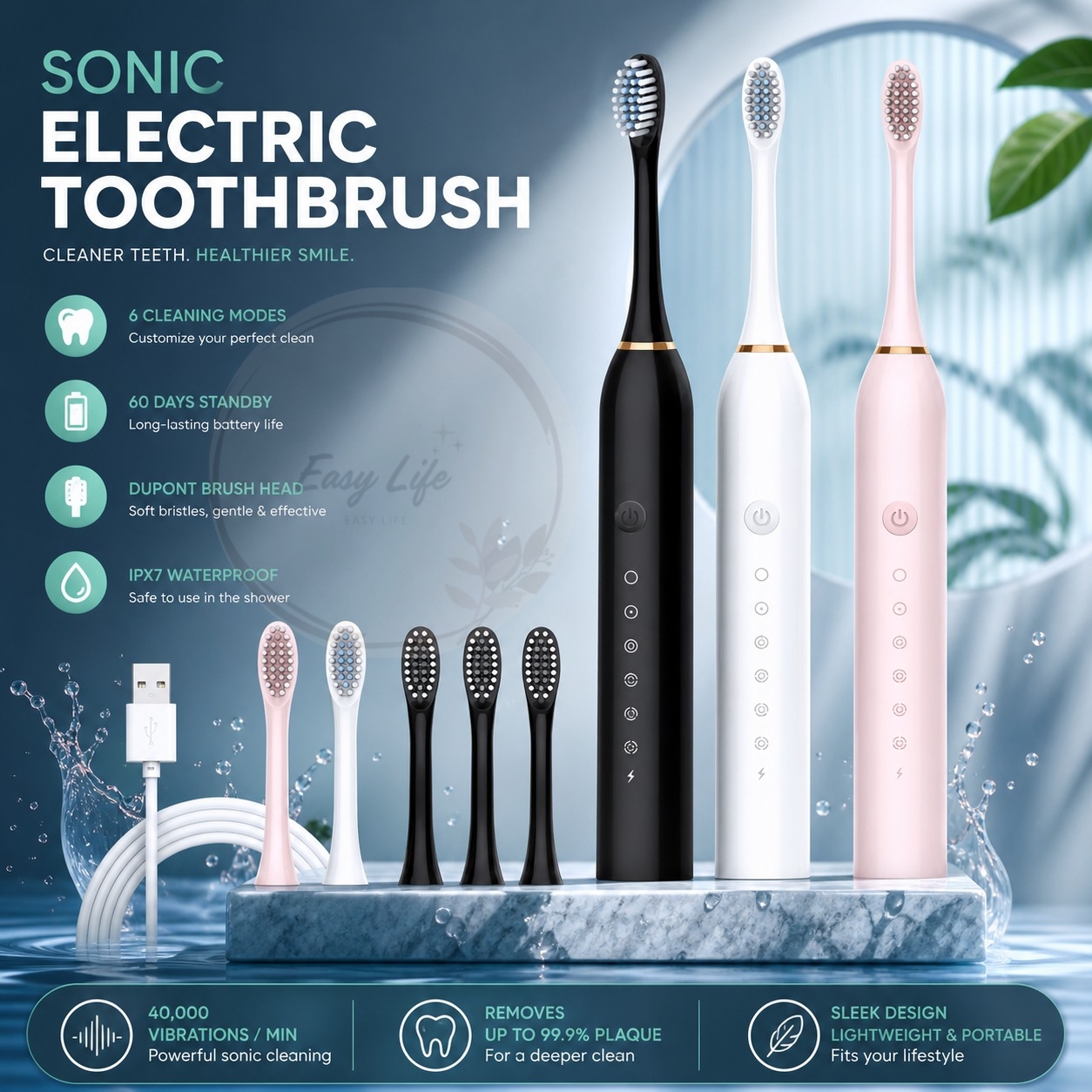 Electric Sonic Toothbrush USB Rechargeable | 6 Cleaning Modes with 4 Extra  Brush | Waterproof IPX7 | Soft Bristles Toothbrush | Teeth Whitening & Gum Care | High Frequency Sonic Oral Care Brush