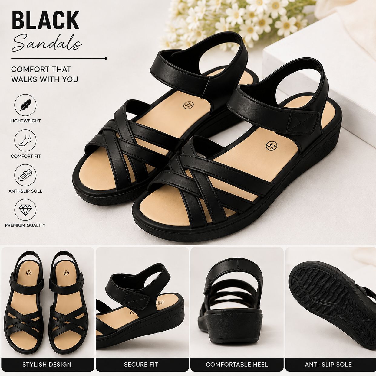 Ladies Summer Sandals | Comfortable Soft Footbed Velcro Sandals | Lightweight | Black Brown Skin