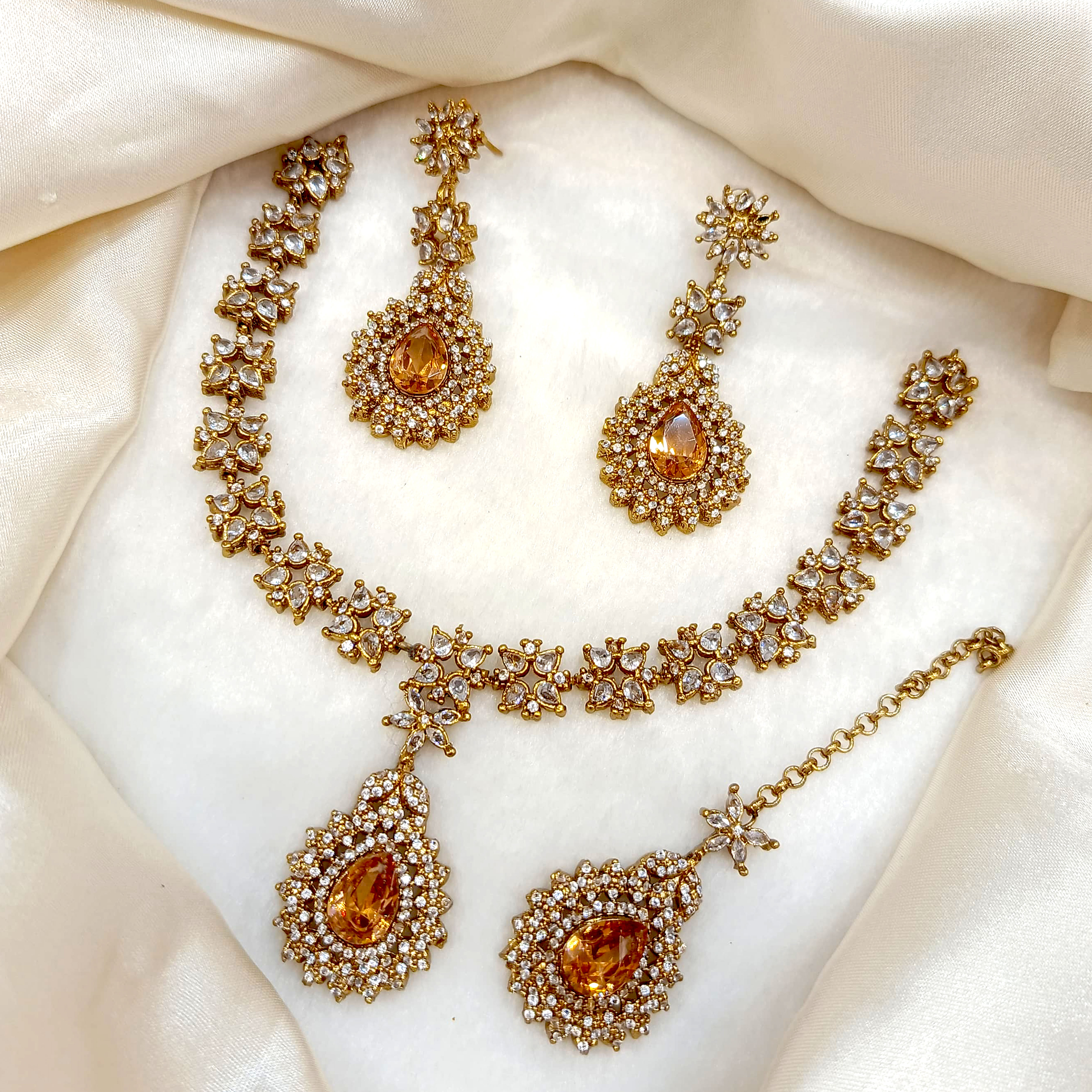 Necklace Set With Earrings And Tikka, Zircon stone work fine quality product