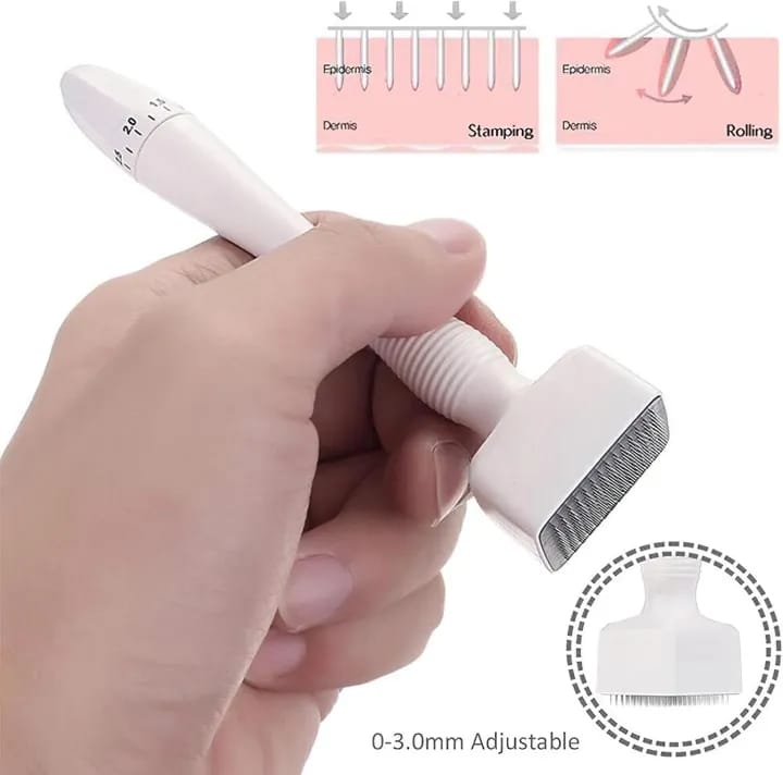 Micro Needle Stamp, Derma Stamp Adjustable 0-3mm 140 Titanium Needles Professional Derma Stamping for Skin, Eyebrows and Scalp Care
