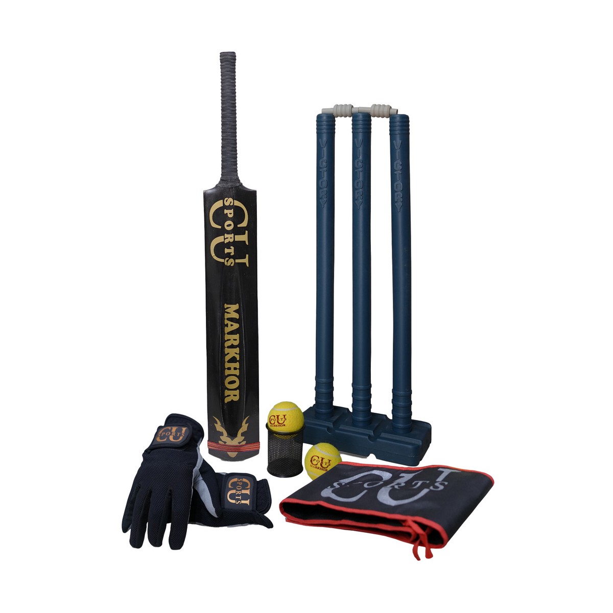 CU Sports Professional Tape Ball Cricket Full Kit Markhor Bat+ Gloves+ Pressure Balls+ Wicket Set