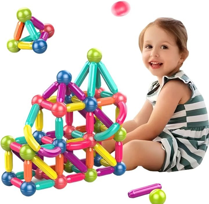 Magnetic Building Blocks Set for Kids – 64 Pieces Magnetic Sticks and Balls Construction Toy, Montessori Educational Learning Toy for Children Age 3+, Creative Building Kit Gift