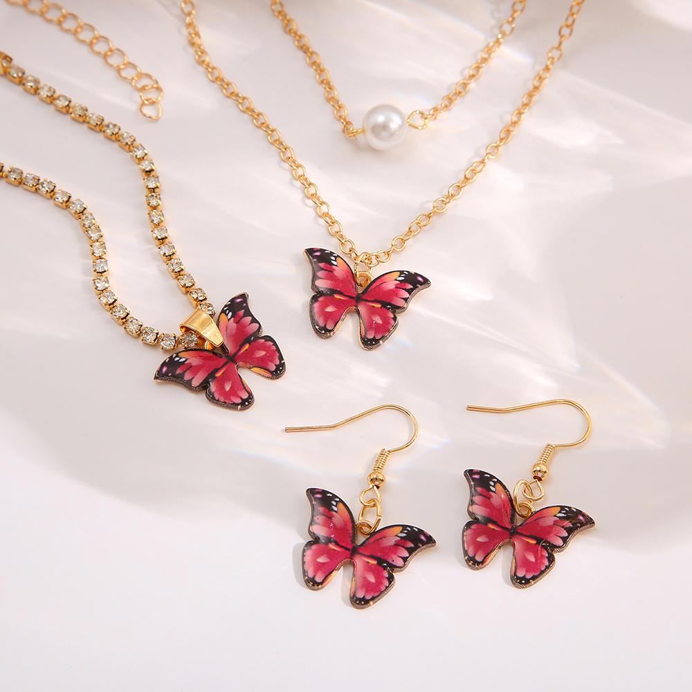 Buterfly Necklace Earring Bracelet 4PCS Jewelry Set for Girls Jewellery for Women Purple, Blue and Red Color Oil Drip Chain Pendant Female Gifts
