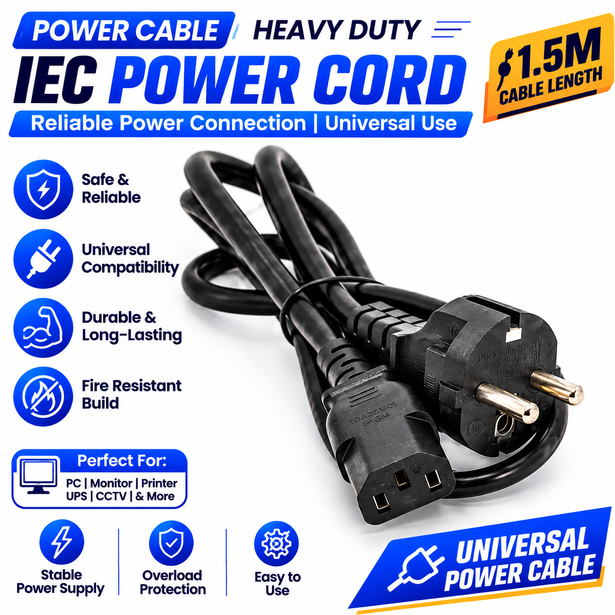 1.5M EU 2 Pin to IEC C13 AC Power Cable | Computer CPU Monitor Printer UPS Power Cord | Black
